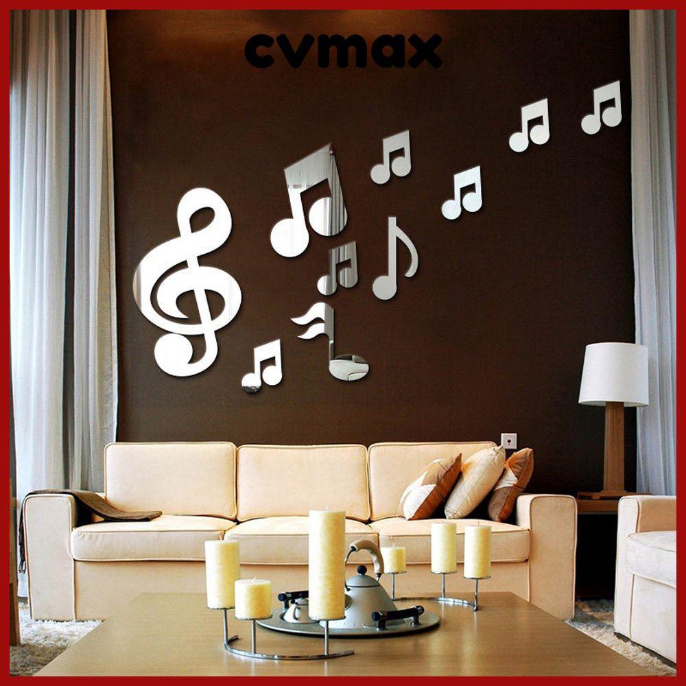 CVMAX 10 ชิ้น/เซ็ตกระจกสติ๊กเกอร์ติดผนังศิลปะที่ถอดออกได้โน้ตดนตรี