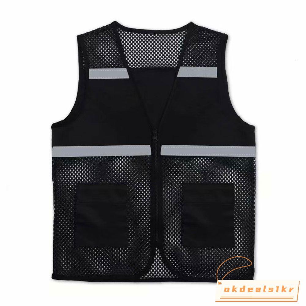 IOKDEALS1 พร้อมแถบสะท้อนแสง, เสื้อกั๊กสีดํา, ผ้าสแปนเด็กซ์ระบายอากาศจ๊อกกิ้งพร้อมเสื้อกั๊กตาข่ายซิป การจราจรก่อสร้าง พนักงานรถไฟ Metro