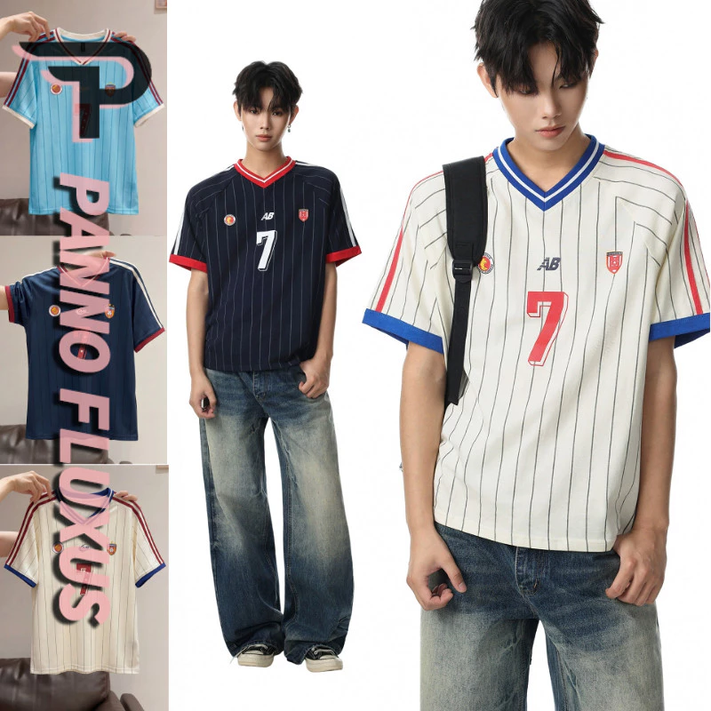 PannoFluxus เสื้อยืดผู้ชายแขนสั้นอเมริกันอินเทรนด์ลายคอวีคุณภาพสูง unisex jersey