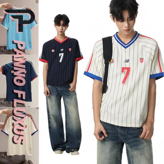 PannoFluxus เสื้อยืดผู้ชายแขนสั้นอเมริกันอินเทรนด์ลายคอวีคุณภาพสูง unisex jersey