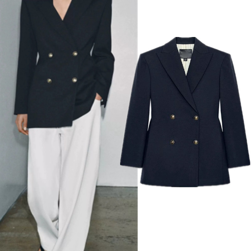 ZA Flap Collar Long-Sleeved Double-Packing Embossed Button Blazer 7179047