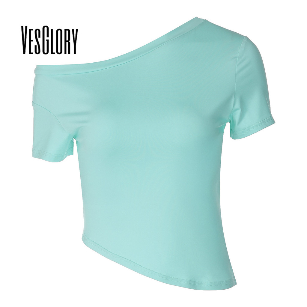 VesGlory ผู้หญิง 2026 สีทึบ Skew ปลอกคอแขนสั้นเสื้อยืดแฟชั่นใหม่ทุกวัน College Y2k