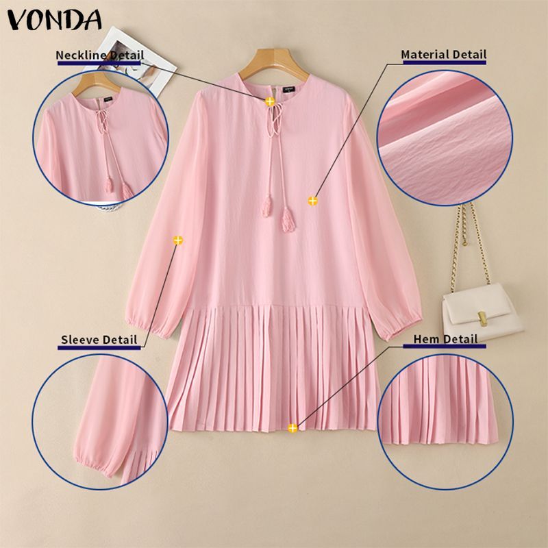VONDA ผู้หญิงเกาหลีสไตล์ลําลองรอบคอ V Notch Tie พู่ชีฟอง Spliced ยืดหยุ่น Cuff พัฟแขนหลวมเสื้อสวมหัววันหยุดแขนยาวมินิเดรส — صورة 8