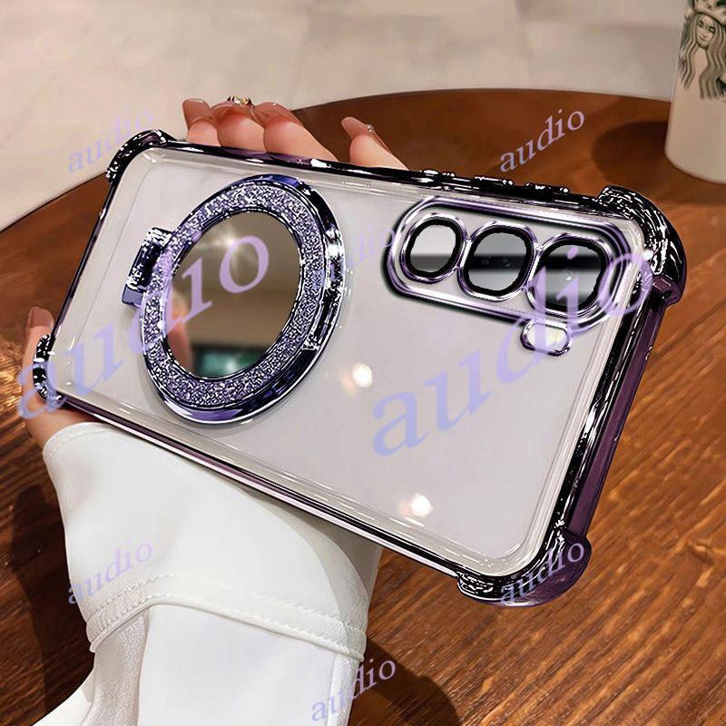 Vivo Y31s 5Gสี่มุมชุบเคสโทรศัพท์โปร่งใสพร้อมGlitter BracketสําหรับVivo Y31s Y31S VivoY31s 5Gกันกระแท