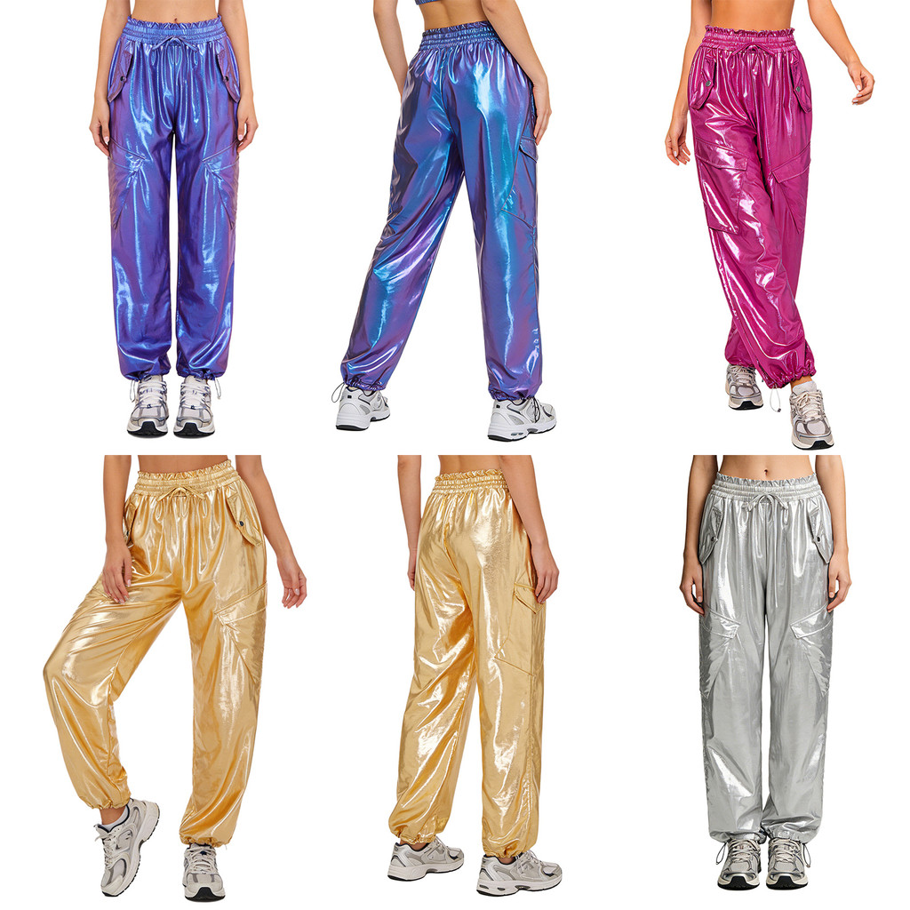 Yeahdor Womens Metallic Shiny Cargo Pants Widen Elastic Waistband with Ruffled Trim Multi-pockets Jogger กางเกงสําหรับ Hip Hop Music Stage