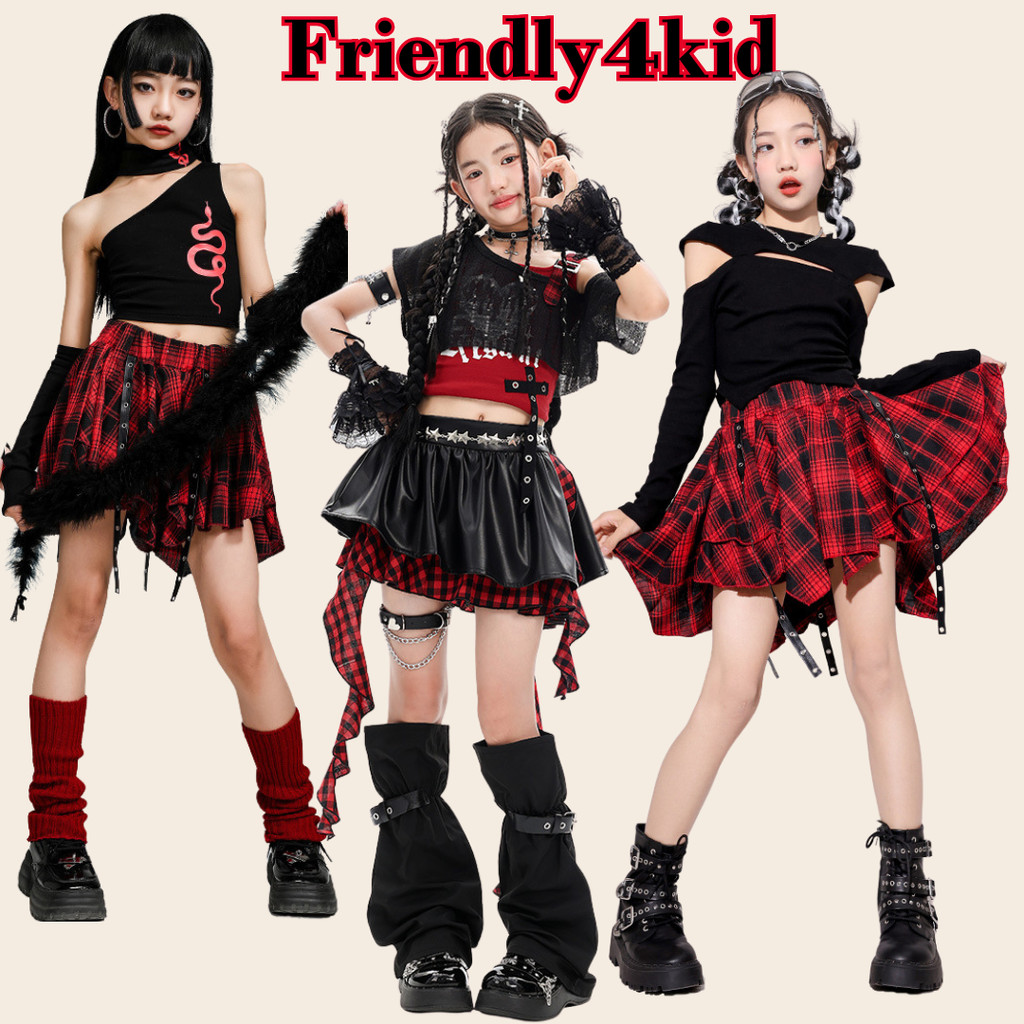 friendly4kid ชุดเต้น เซ็ตเสื้อแขนยาวดำ+กระโปรง ลายสก๊อต สีแดง ชุดการแสดงคริสมาสต์