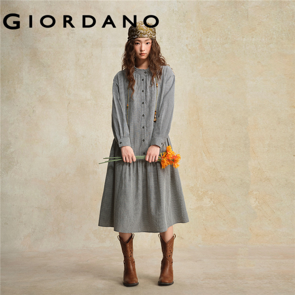 GIORDANO WOMEN Ruffle band collar houndstooth dress 18465227