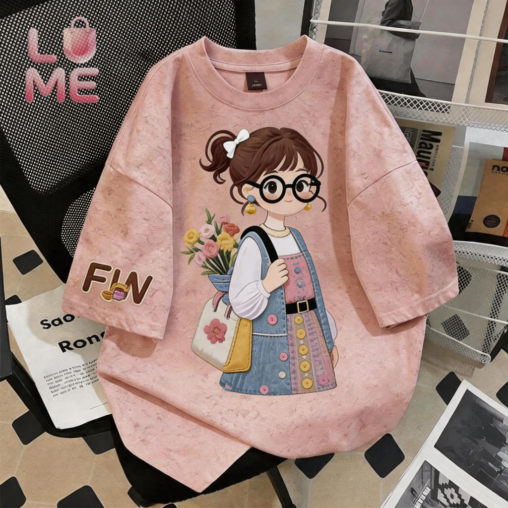 LUME🎀 (จัดส่งในกรุงเทพฯ) COD✅ เสื้อแฟชั่นผู้หญิง เสื้อยืด oversize ผ้าฟอกวินเทจ เสื้อผิวเรียบเนียน ลาย" FIN GIRL "