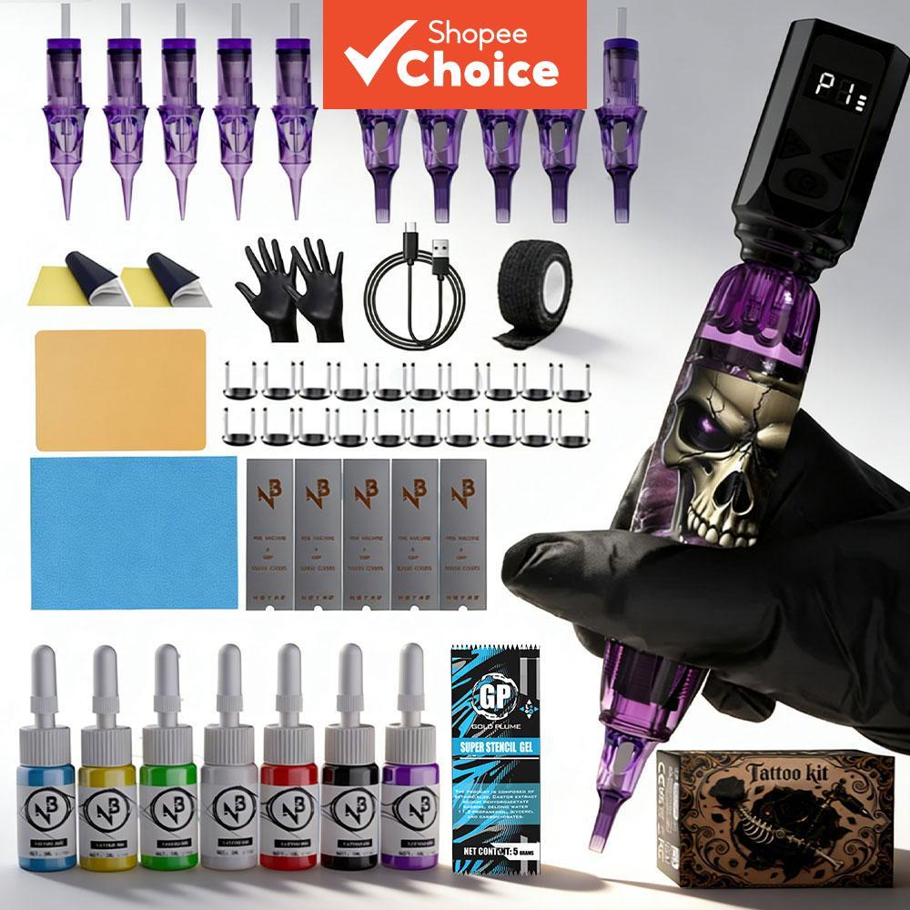 Glodplume Wireless Tattoo Kit ปากกาโรตารีพร้อมจอแสดงผล Lcd แบบพกพาเครื่องแบตเตอรี่แบบชาร์จไฟได้เข็มตลับหมึก