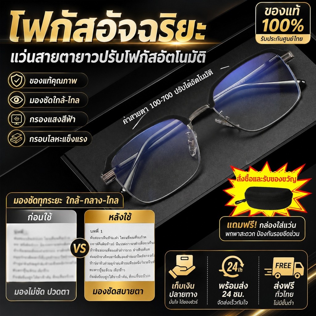 ✨ชัดเจนทุกระยะ/สไตล์คลาสสิก✨ HFH แว่นตาอ่านหนังสือปรับโฟกัส/แว่นตาธุรกิจคลาสสิก/แว่นตาสำหรับผู้สูงอายุ/แว่นตาแฟชั่น【เทคโนโลยีปรับโฟกัสอัจฉริยะ ดีไซน์คลาสสิกเหมาะสำหรับธุรกิจ สวมใส่สบาย】 เลนส์ปรับโฟกัสได้คุณภาพสูง/โครงแว่นพลาสติกแข็งทนทาน/แว่นตาเบาหน้าสวมใ