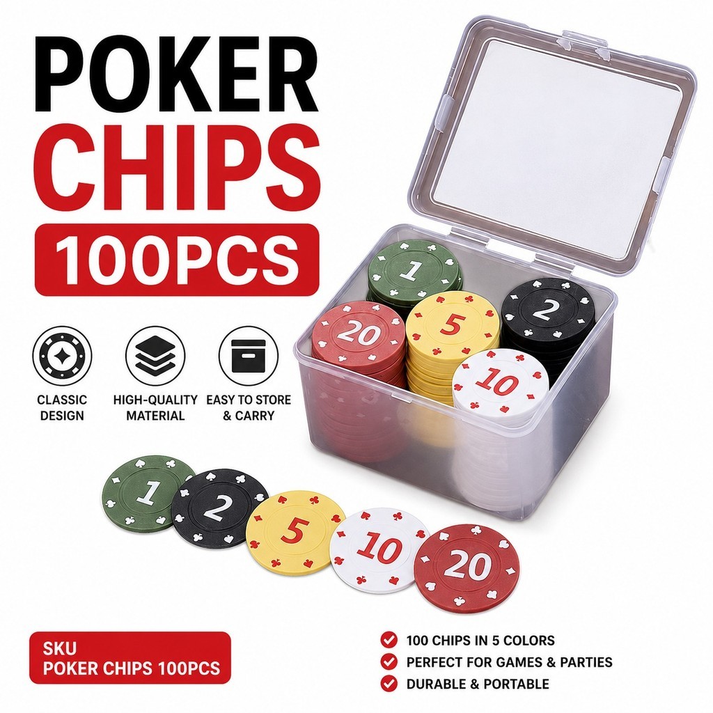ชุดชิปโป๊กเกอร์ 100 ชิ้น Texas Holdem Mahjong Casino Chips พร้อมกล่องเก็บ Multi Color Numbered Game 