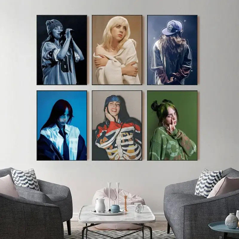 B-Bllie B-BLUE Singer Eilish ผนังเหมาะสําหรับห้องนั่งเล่นตกแต่งบาร์ภาพวาดตกแต่งย้อนยุคขนาดเล็ก