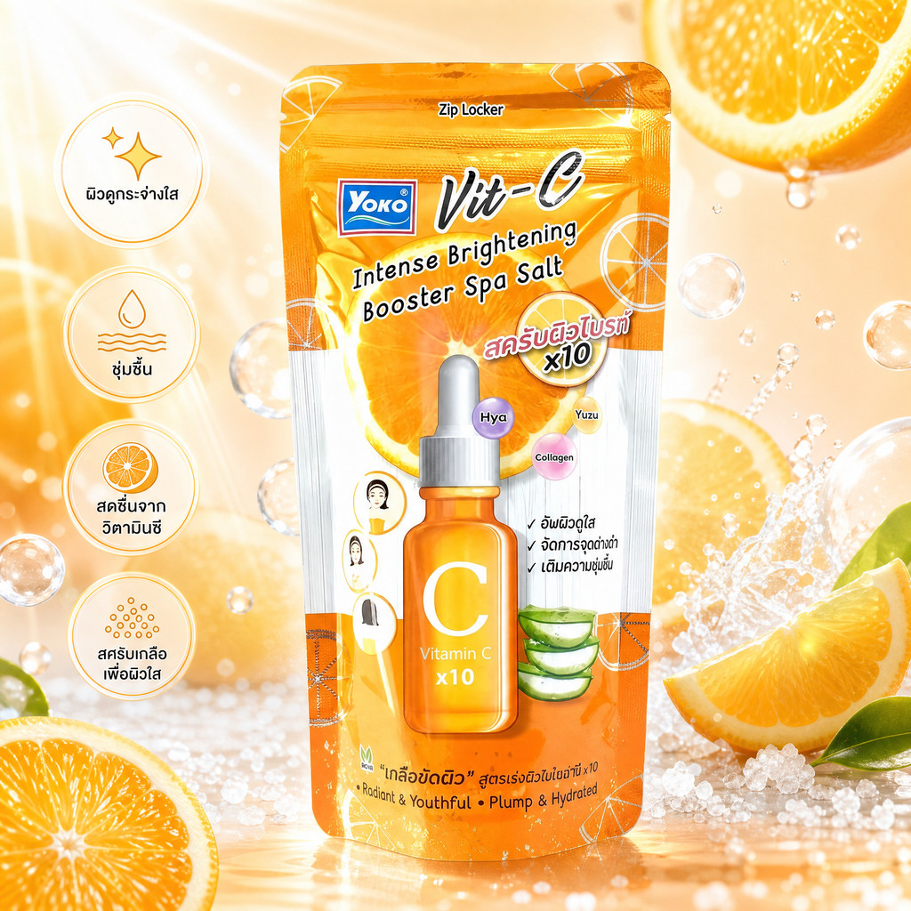 Yoko Vit-C Intense Brightening Booster Spa Salt 300g เกลือสปาขัดผิววิตซีอินเทนส์ สูตรเร่งผิวไบรท์ 10X สำหรับผิวคล้ำเสีย
