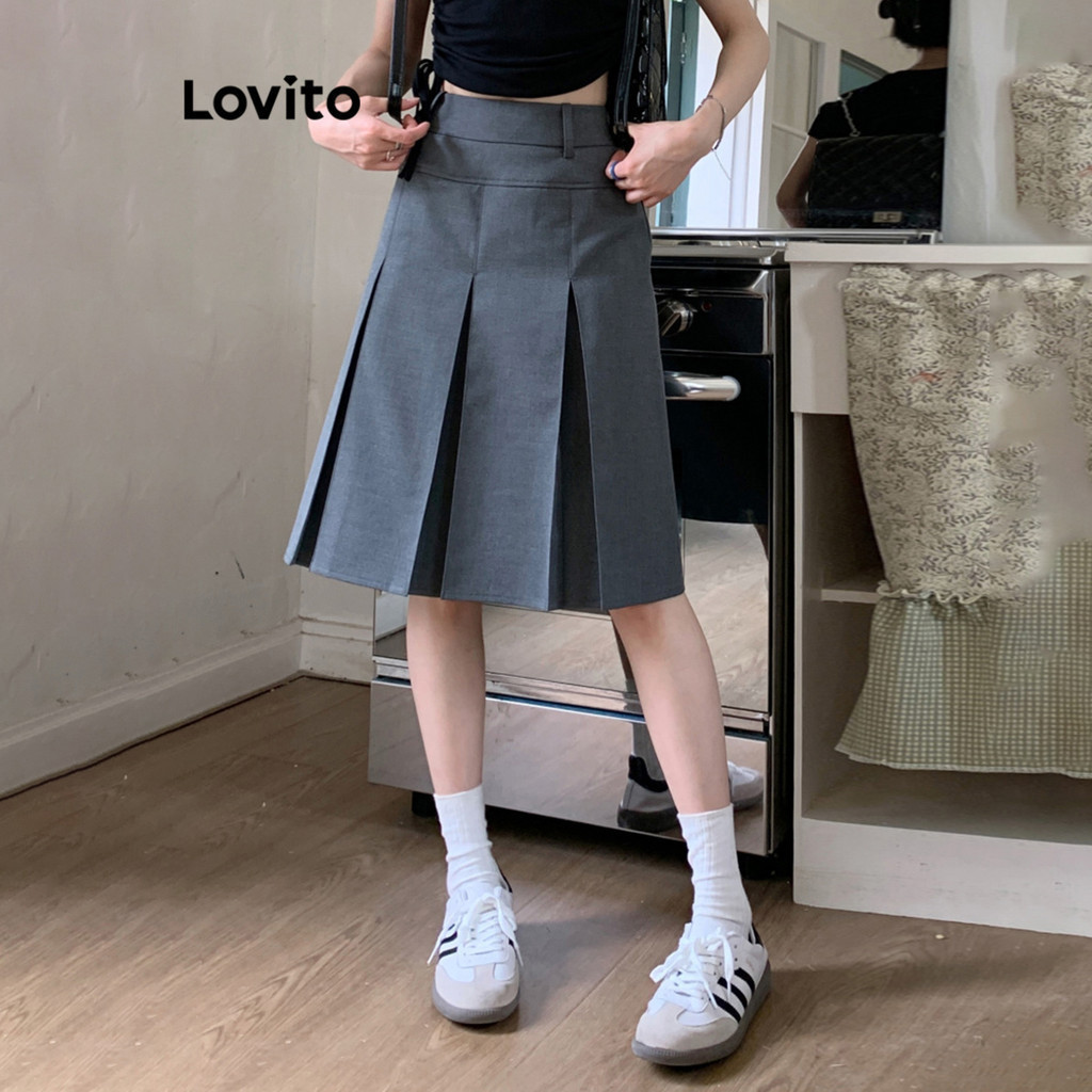 Lovito x Poppy กระโปรงลําลองกระโปรงจีบธรรมดาสําหรับผู้หญิง LNE29157 (สีเทา)