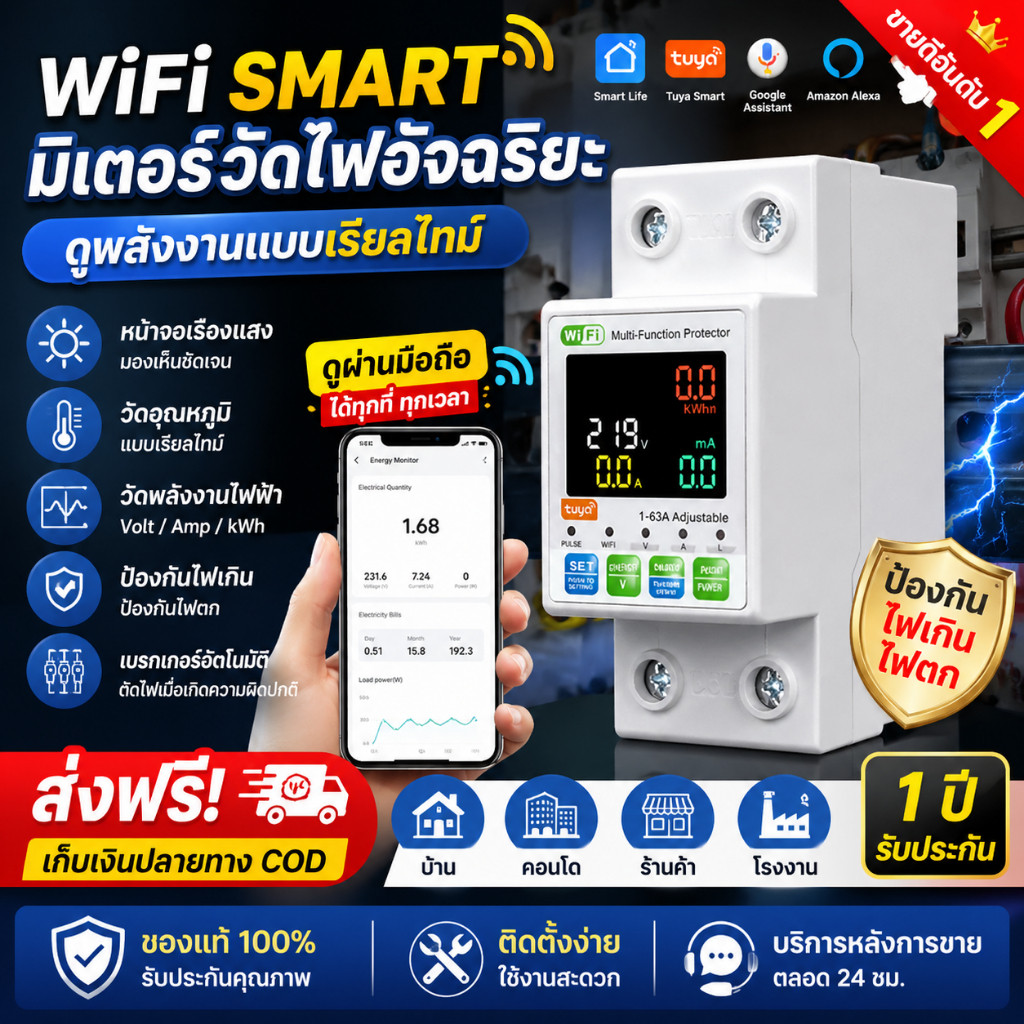 ✨จัดส่งภายใน1วัน✨เบรกเกอร์ Tuya WiFi ⚡ วัดพลังงานไฟฟ้า เฟสเดียว ควบคุมผ่านแอป ป้องกันไฟเกิน/ไฟตก ใช้