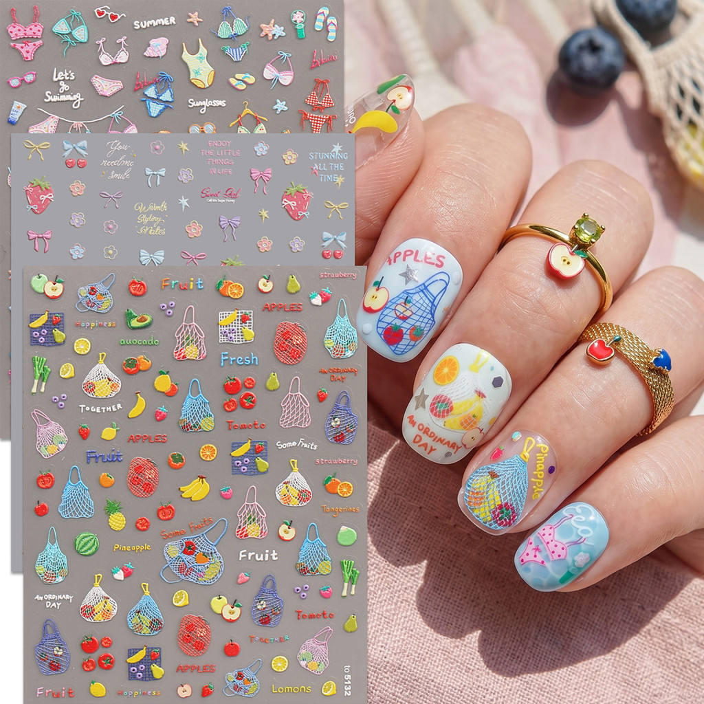 HAMA 3 แผ่นเกาหลี 5D Textured Nail Art สติกเกอร์ผลไม้น่ารัก Bow สตรอเบอร์รี่ชุดว่ายน้ําฤดูร้อนออกแบบ 3D Self กาวสามมิติเล็บ Decals สําหรับหญิง