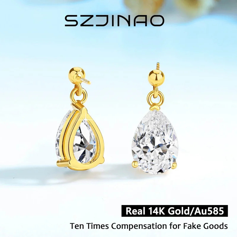 ของแท้ Pear Cut 14k Gold Moissanite ต่างหูสตั๊ด Au585 สําหรับผู้หญิงต่างหูเพชรทรงหยดน้ําหมั้นเครื่อง