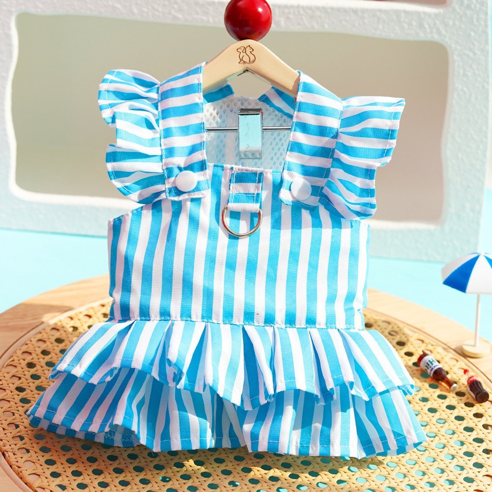 Pawsfun Dog Spring Summer Stripes Tractionable Flying Sleeve Strap Dress Cat Dog Princess Dress