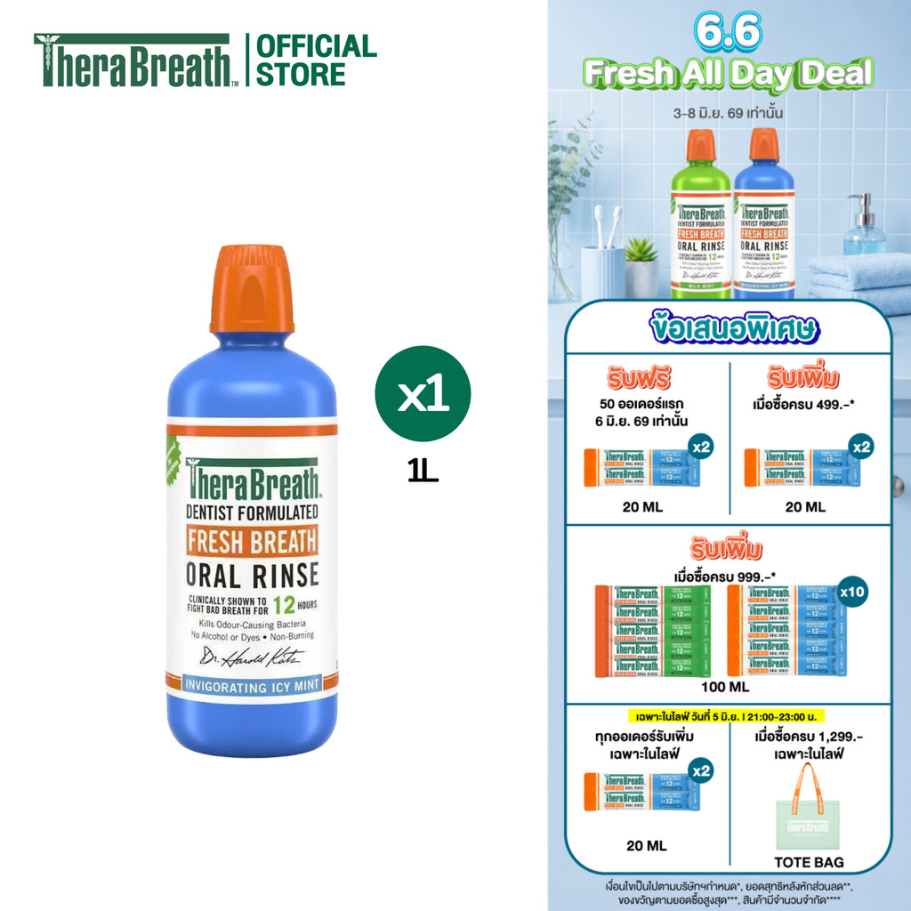 TheraBreath 1L สูตร Invigorating Icy Mint - Mouthwash น้ำยาบ้วนปาก ลดกลิ่นปาก ไม่มีแอลกอฮอล์