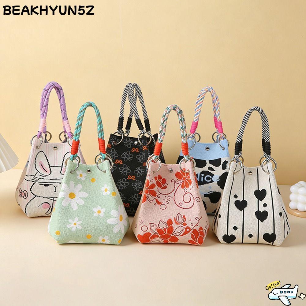 BEAKHYUN5Z กระเป๋าทรงถังถัก, กระเป๋าสะพายหัวเข็มขัดแหวนทอแฮนด์เมด, กระเป๋าถือการ์ตูนความจุขนาดใหญ่น่ารักสําหรับผู้หญิงสาว