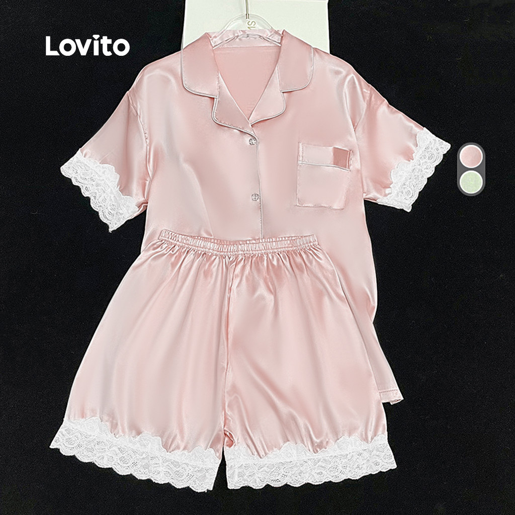 Lovito ชุดนอนผ้าไหมเย็นสบายสไตล์ญี่ปุ่นสุดหรู 2 ชิ้น สำหรับผู้หญิง ดีไซน์ลำลอง พร้อมลูกไม้ LNE141073