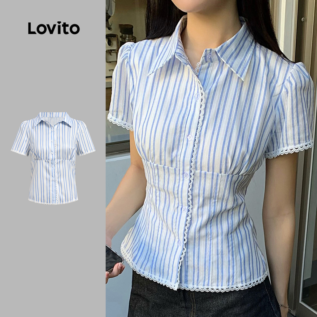 Lovito เสื้อลำลองสำหรับผู้หญิง ใส่ทำงาน ไปเที่ยวพักผ่อน ดีไซน์ลูกไม้ ทรงเข้ารูป สีฟ้า เหมาะสำหรับฤดูใบไม้ผลิ/ฤดูร้อน LK3AD381