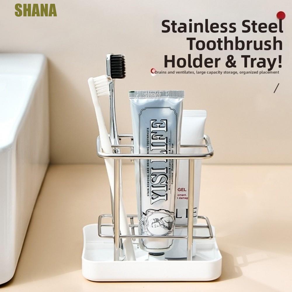 SHANA ที่วางแปรงสีฟันสแตนเลส, ที่วางแปรงสีฟันประหยัดพื้นที่สแตนเลสพร้อมถาด, ทนทานทําความสะอาดง่ายการออกแบบที่เรียบง่ายระบายน้ําชั้นเก็บอ่างล้างหน้าบ้าน