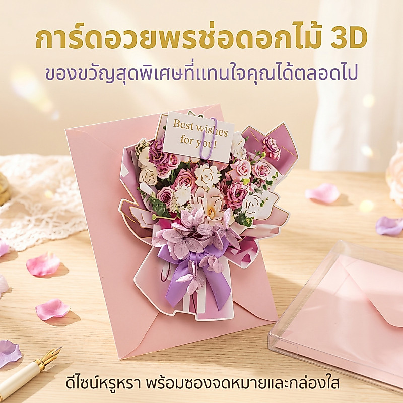 การ์ดอวยพรดอกไม้แห้ง ลายดอกไม้ 3แบบ สีสวย มีกล่องกันฝุ่น ใช้วันเกิด วาเลนไทน์ วันครบรอบ Card