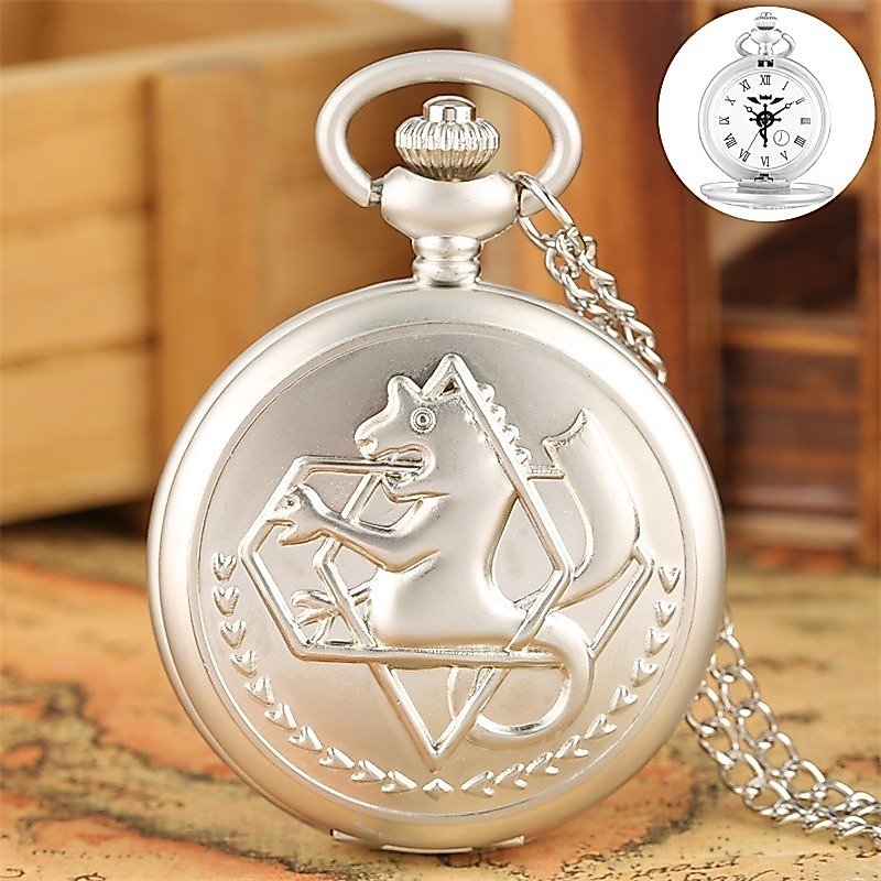 Silver Edward Elric FOB Fullmetal Alchemist Unisex Analog Quartz Pocket Watch พร้อมโซ่