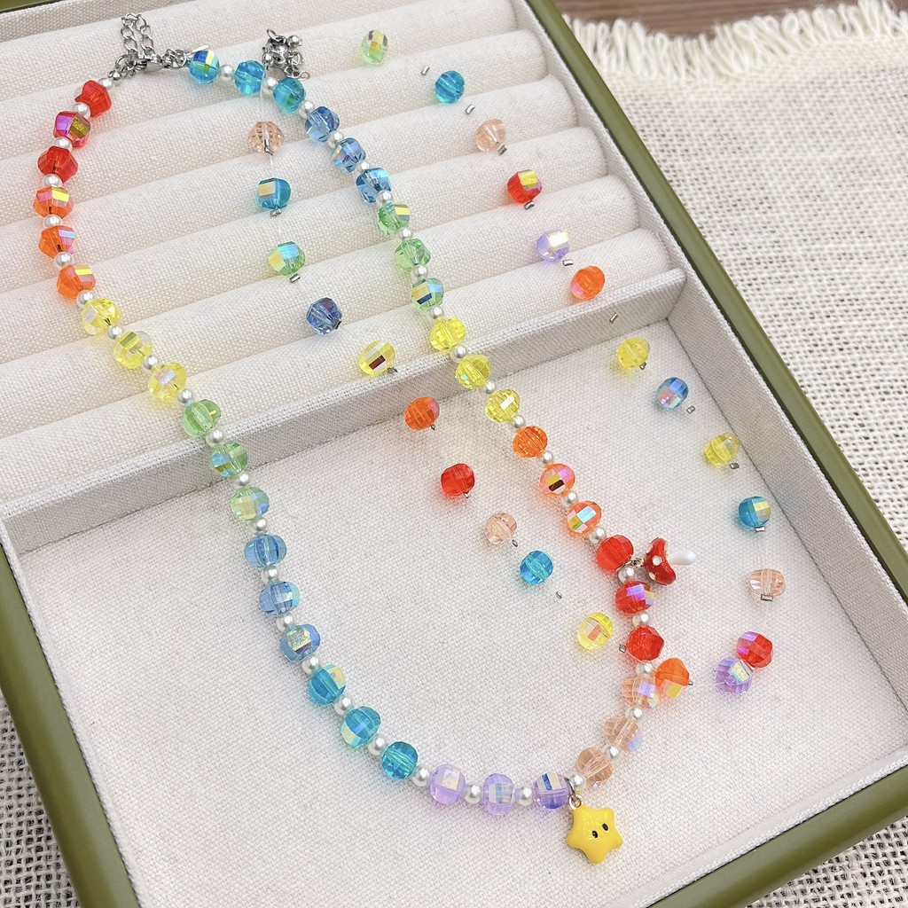 [คลังสินค้าพร้อม] สร้อยคอลูกปัดคริสตัล Dopamine สีตัดกันหวาน Dopamine หญิงสีรุ้ง
