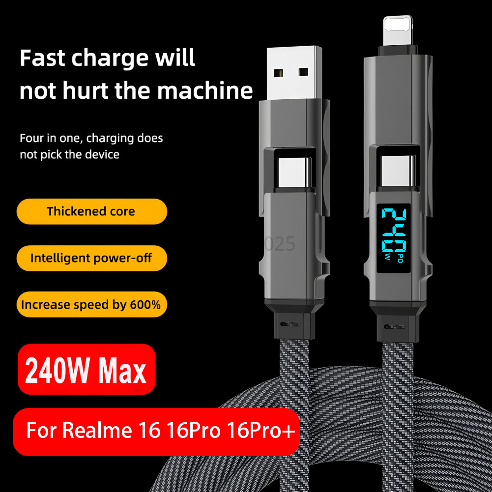 จอแสดงผลดิจิตอล 4 in 1 PD 100W USB Type C ถึง Type C สายเคเบิลข้อมูล Fast Charging สําหรับRealme 16 16Pro 16Pro + ประเภท C Fast Charger สาย KAIYUE