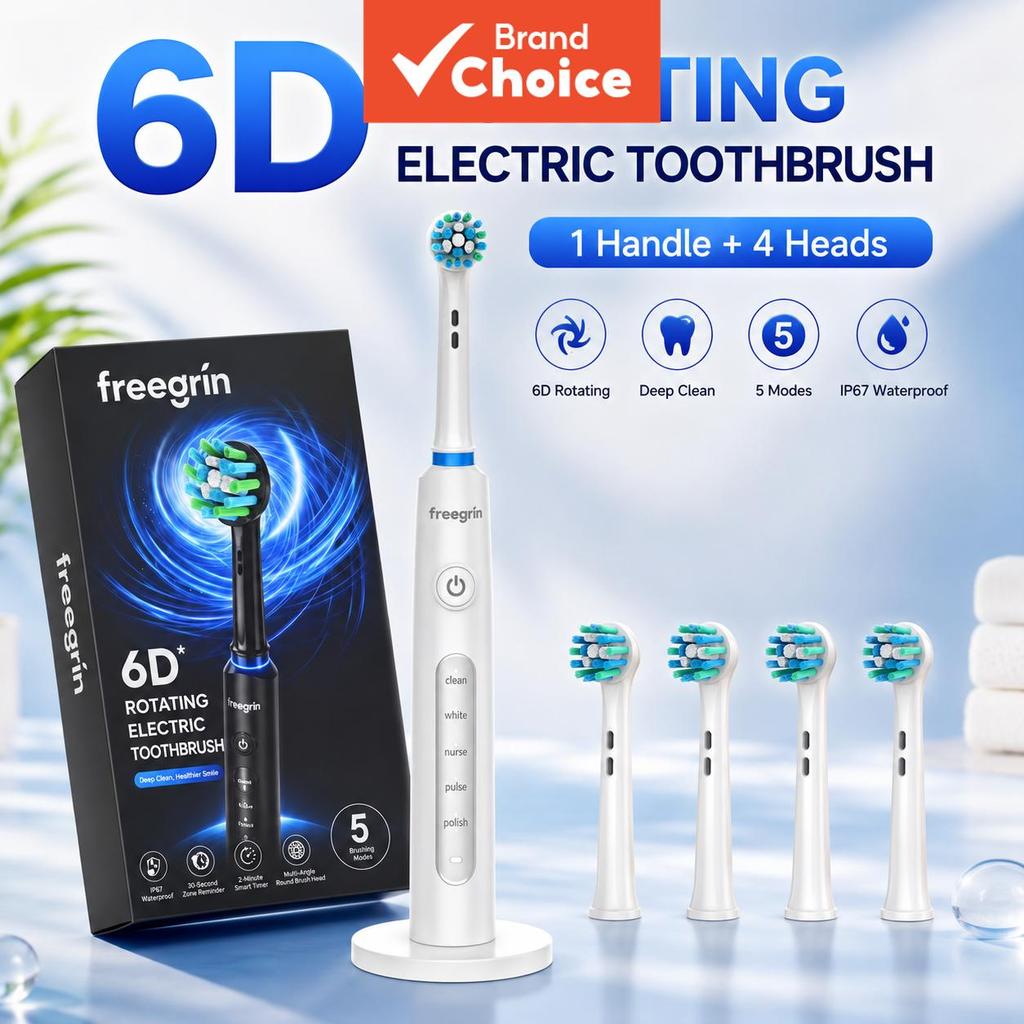 แปรงสีฟันไฟฟ้าหมุน Freegrin สีขาว/ดํา มี 5 โหมดทําความสะอาด พร้อมตั้งเวลา 2 นาที และแจ้งเตือน 30 วินาที แบตเตอรี่ชาร์จได้ ใช้งานได้นาน 20 วัน