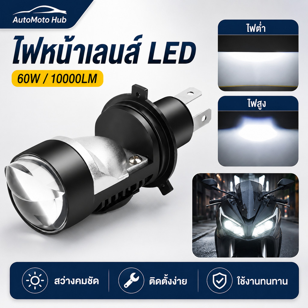 หลอดไฟหน้า LED H4 เลนส์โปรเจคเตอร์ รถยนต์/มอเตอร์ไซค์ 12-30V ไฟสูงต่ำ แสงขาว/เหลือง ติดตั้งง่าย