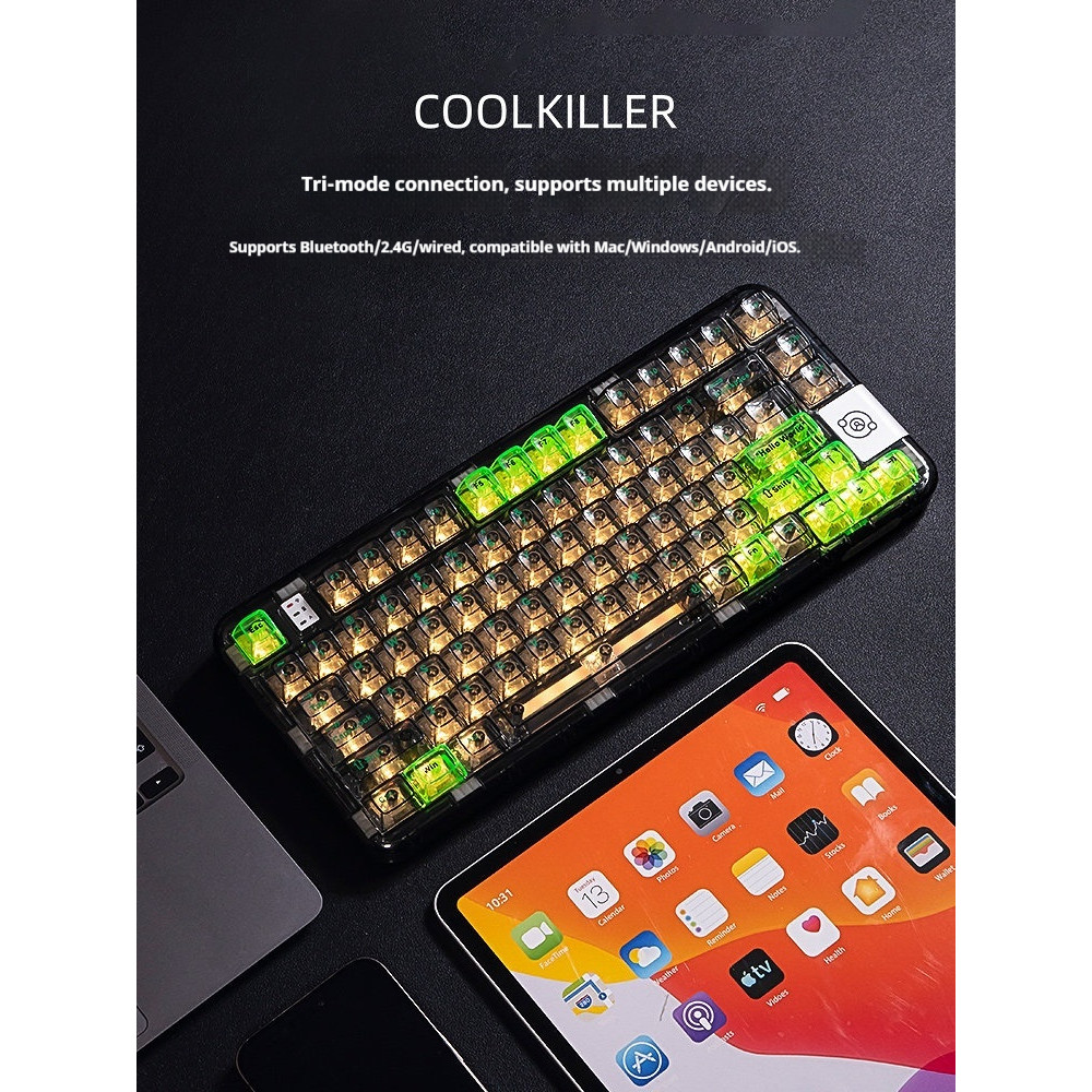 Coolkiller คีย์บอร์ดแบบกลไกโปร่งใส CK75 สามโหมดที่กําหนดเองบลูทูธไร้สายสําหรับเล่นเกมบลูทูธแบบมีสาย