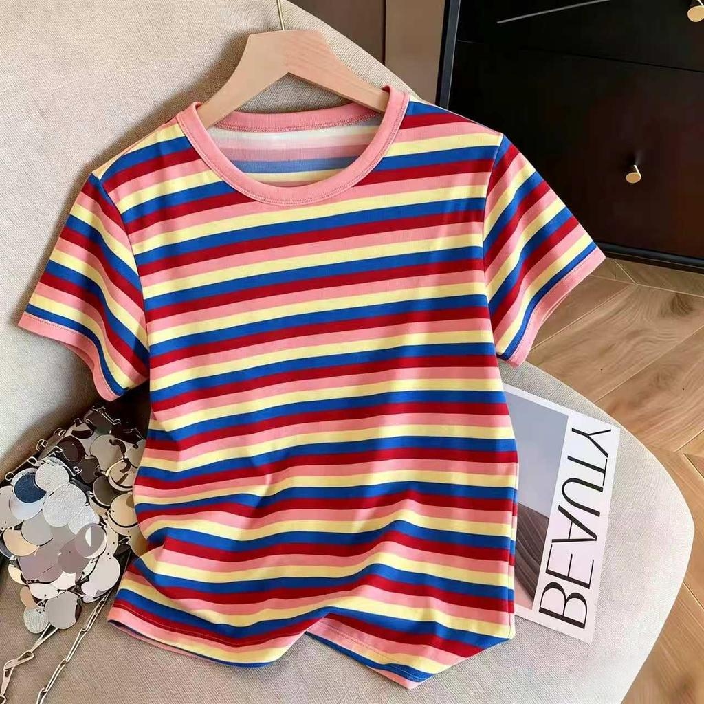 เสื้อยืดแขนสั้นรุ่นใหม่ฤดูร้อน ขอบคอสีชมพูตัดสี จับคู่เสื้อผ้าได้หลากหลาย เป็นเสื้อในเบสิก เหมาะใส่ทำงานประจำวัน