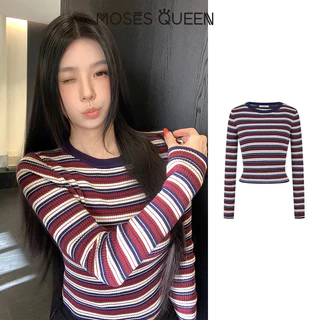 MOSESQUEEN เสื้อสูงสุดแบบคอเปียก ลายเส้นดินเผา รูปแบบสกรีน ผ้าบาง ตัวเตี้ย แขนยาว สำหรับผู้หญิง รูปแบบเรโทร ใส่สบายในชีวิตประจำวัน เหมาะสำหรับเดินทางทั่วเมือง ใช้ได้ทั้งในและนอกบ้าน #59895