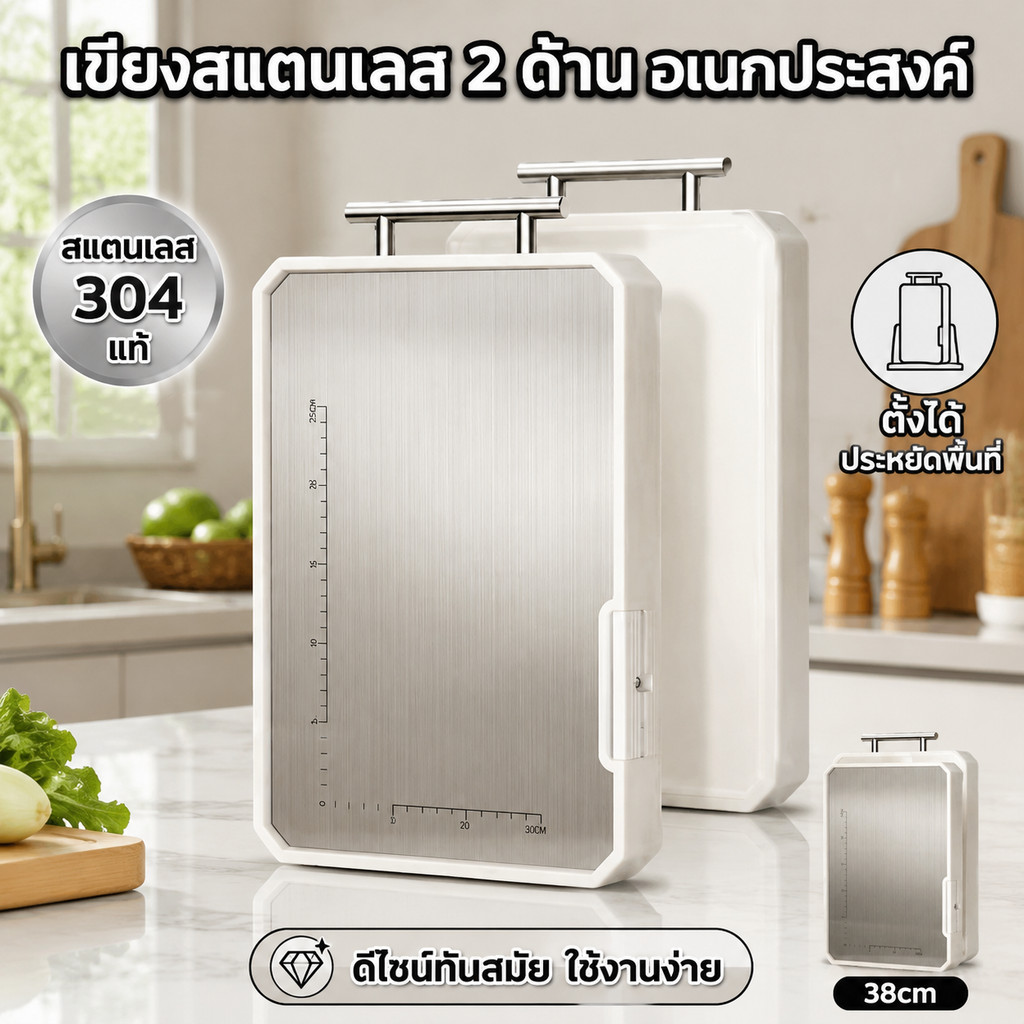 เขียงอเนกประสงค์ 2 ด้าน สแตนเลส 304 และพลาสติก PP ดีไซน์ตั้งได้ ประหยัดพื้นที่ในครัว สะอาดถูกสุขอนาม
