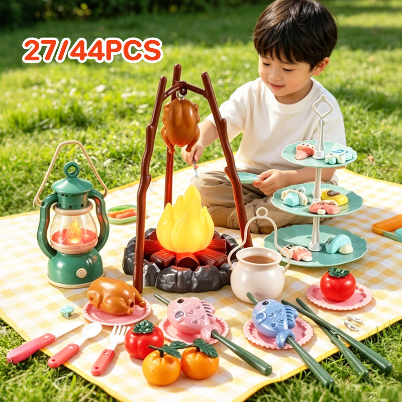 พร้อมแล้ว บาร์บีคิวจำลองสำหรับเด็ก 27/44 PCS เต็นท์แคมป์พร้อมแสงและเสียง ของเล่นเด็กในครัว ของเล่นเด็ก