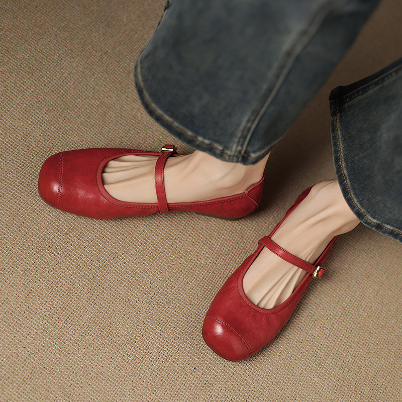 Super Soft Washed Leather Mary Jane Egg Roll Shoes 2025--ฤดูใบไม้ผลิด้านล่างแบนรอบ Toe Soft All-Matc