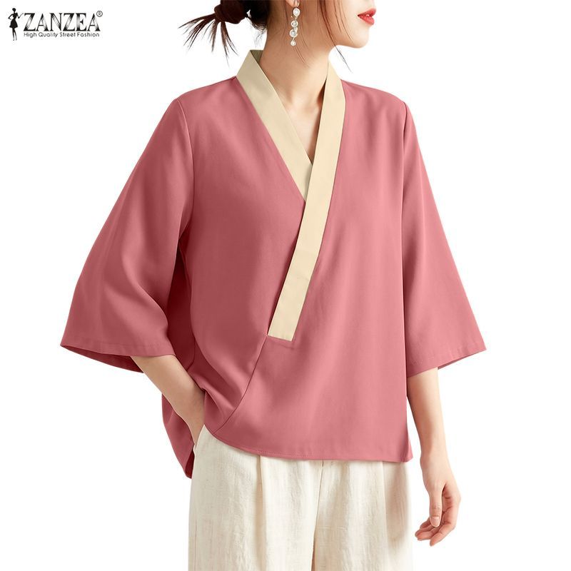 ZANZEA ผู้หญิงเกาหลีสไตล์จีน Cross V คอ 3/4 Flare Sleeve Contrast สีหลวมชุดกิโมโนเสื้อ