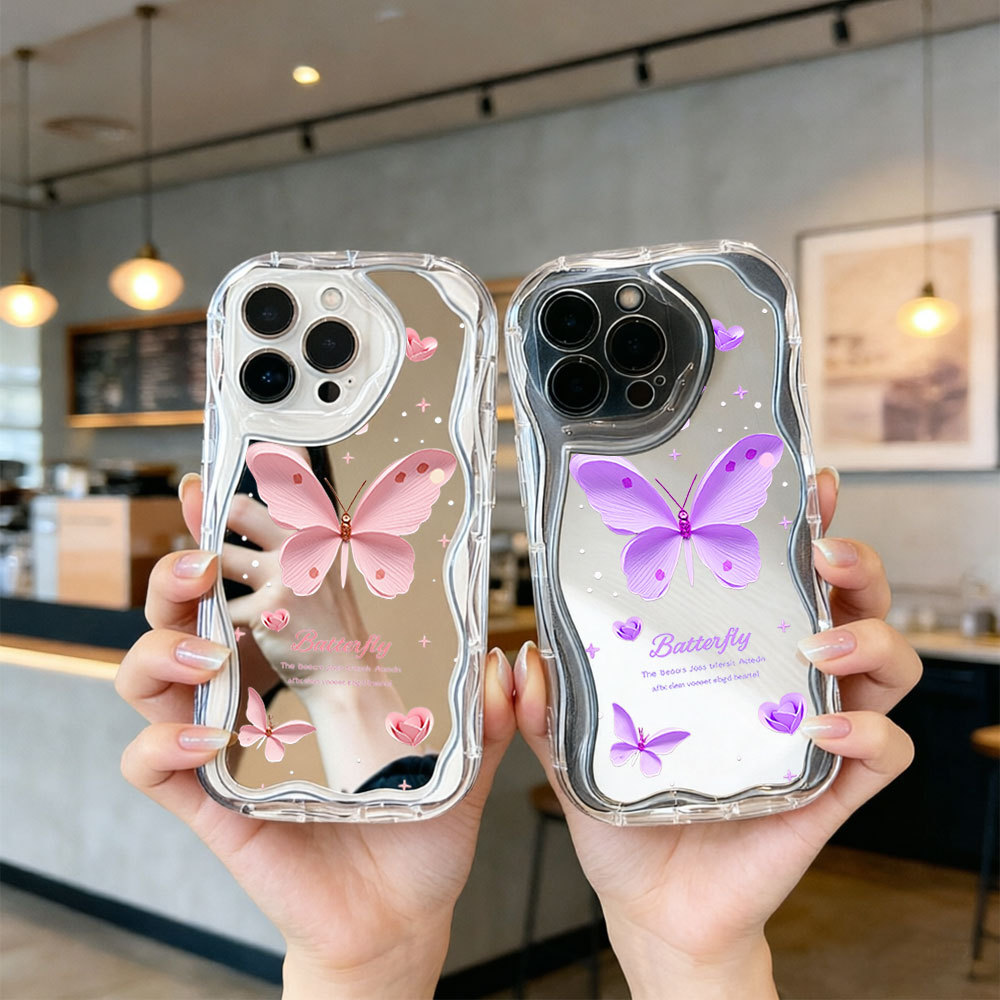 อินเทรนด์ Y2K กระจกผีเสื้อเคสโทรศัพท์ Clear ครีม Wavy Star Girly เคสป้องกัน Samsung A57 A37 A34 A07 