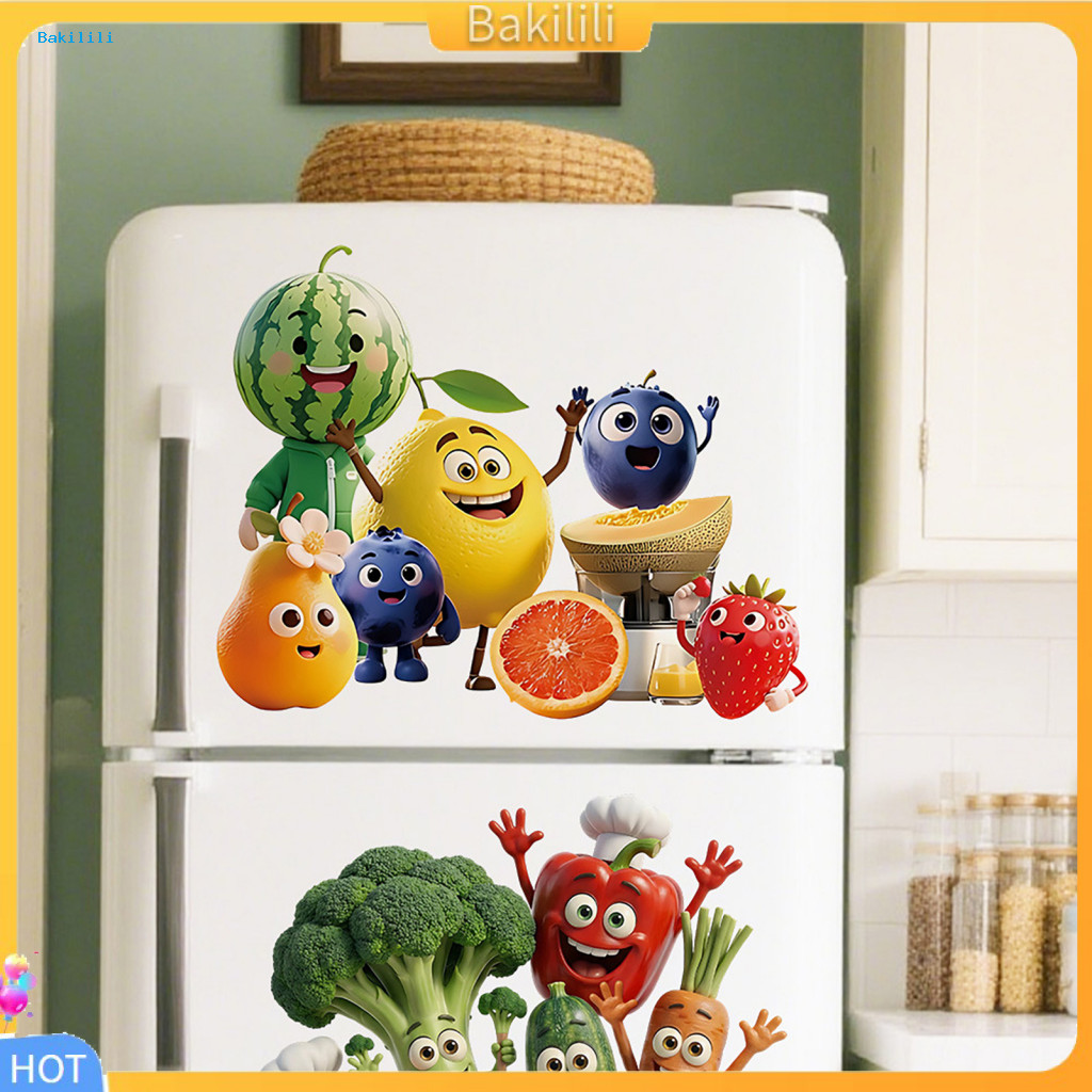 {Bakili} สติ๊กเกอร์ติดผนังกันน้ํา Stain-proof Wall Decal การ์ตูนครัวอาหารสติ๊กเกอร์ติดผนัง Diy ผักผลไม้ Peel และ Stick ตู้เย็น Decals สําหรับห้องรับประทานอาหารห้องครัว