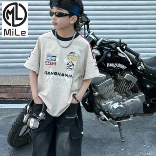 [มล] 80-170ซม [สินค้าสูง] เด็กเกาหลีรุ่นรถจักรยานยนต์แขนสั้นเสื้อยืดผ้าฝ้ายเย็นแฟชั่นด้านบนชายหญิงกลางเด็กใหญ่
