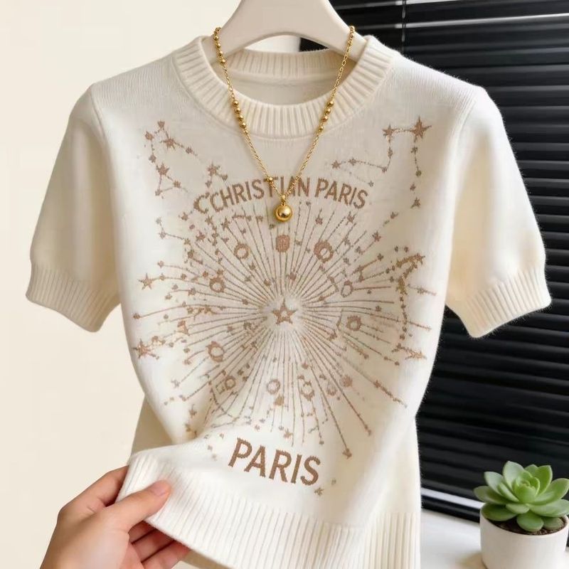 เสื้อยืดพิมพ์ลาย Chanel สไตล์เสื้อกันหนาวแขนสั้นผู้หญิง 2026 ฤดูใบไม้ผลิใหม่สไตล์หรูหรา Slimmer ดู