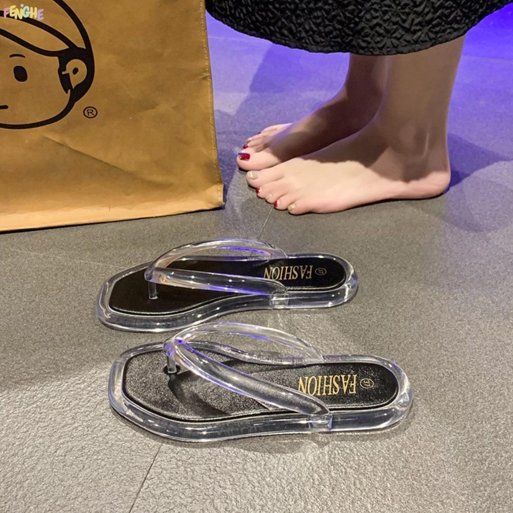 FENGHE Flip Flops รองเท้าแตะ,โปร่งใส PVC Flats รองเท้า,All Match Summer Beachwear Anti Slip Platform