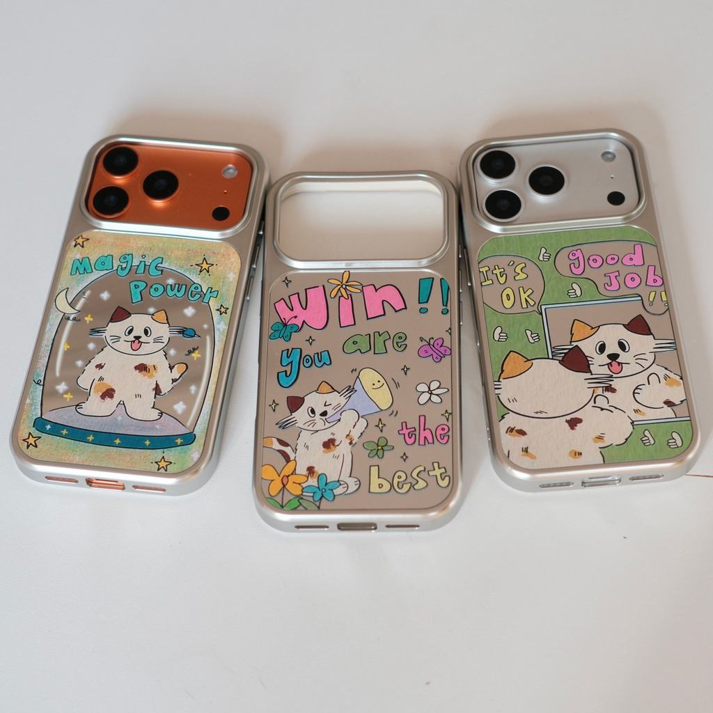 กระจกแมว Huiwanju เคสโทรศัพท์มือถือกรอบเงินใหม่ เหมาะสําหรับ iPhone17promax เคสป้องกันขั้นสูง 16plus สดใส 15pro/14 ป้องกันการตกเรียบง่าย 13