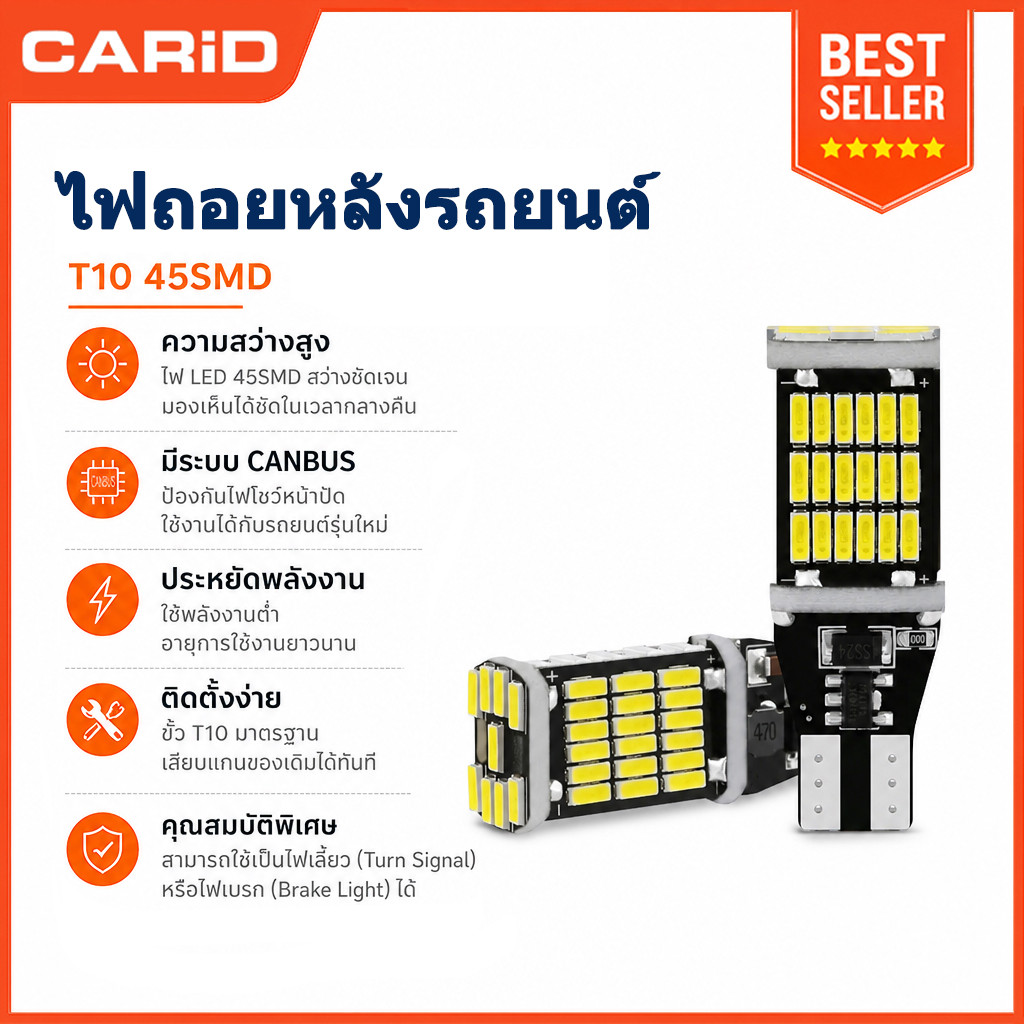 CARiD หลอดไฟหรี่ ไฟถอย LED 45SMD ขั้ว T15  สําหรับติดรถยนต์ และมอเตอร์ไซค์ สว่างมาก
