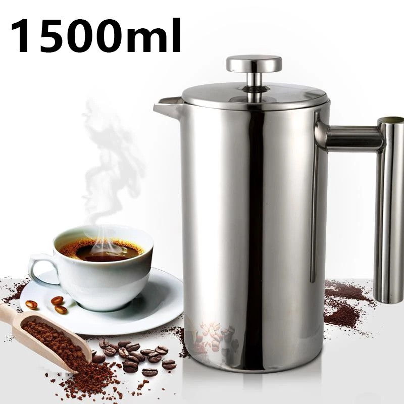 【Hot】เหยือกชงกาแฟ 1500ml French Press เครื่องชงชาสแตนเลส Double Wall Stainless Steel Coffee Maker Tea Pot
