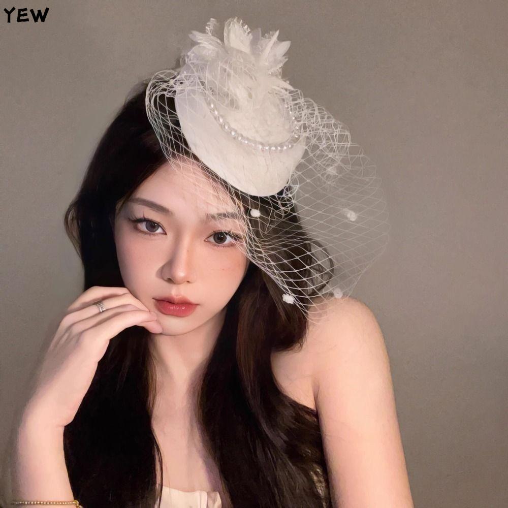 YEW หมวกผ้าคลุมหน้างานแต่งงาน, ดอกไม้มุกวินเทจเจ้าสาว Headwear, ตาข่ายอารมณ์หรูหรา Pillbox หมวกสําหรับผู้หญิง