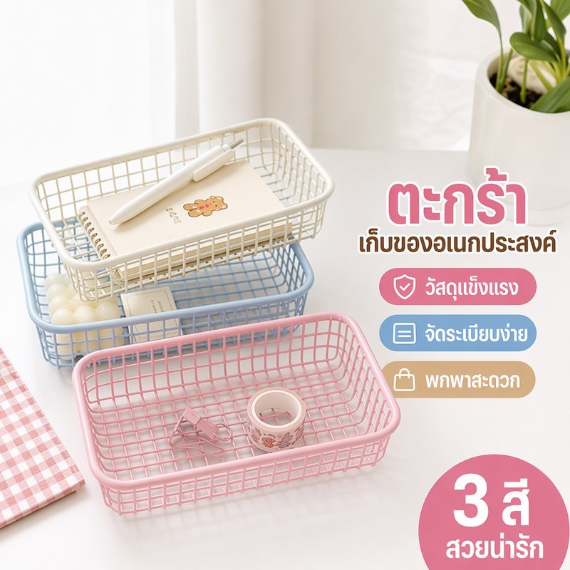 ตะกร้าเก็บของ กล่องเก็บของ ตะกร้าเหล็ก ตะกร้าตาข่าย มินิ พกพา วางโต๊ะ เครื่องเขียน เครื่องสำอาง